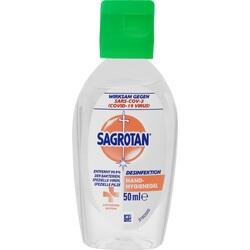 Eine kleine Flasche Sagrotan Hand-Desinfektionsgel mit grünem Deckel.