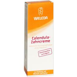 Eine Packung Calendula-Zahncreme der Marke Weleda in Orange und Weiß.