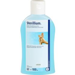 Eine blaue Flasche mit Händedesinfektionsmittel namens Sterillium.