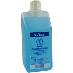 Eine blaue Flasche enthält Händedesinfektionsmittel.