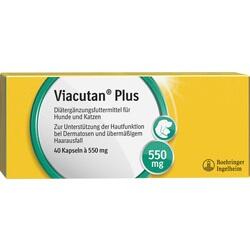 Gelbe Verpackung von Viacutan Plus für Hunde und Katzen, unterstützt Hautfunktion.