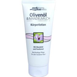 Weiße Tube Körperlotion mit Olivenöl und Mandelmilch für trockene Haut.