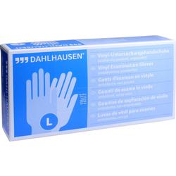 Eine blaue Verpackung mit Vinyl-Untersuchungshandschuhen der Größe L.