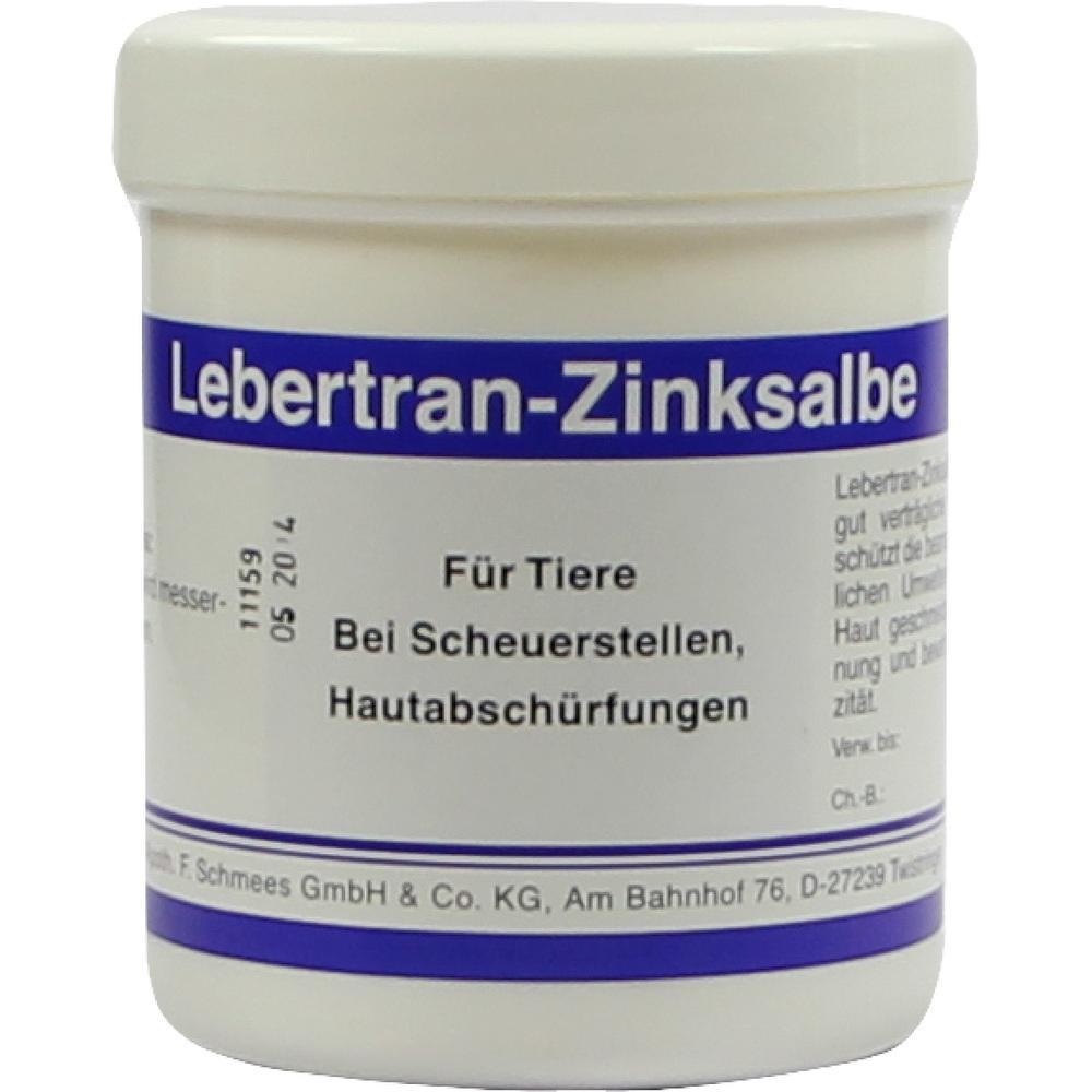Weiße Dose mit Lebertran-Zinksalbe für Tiere bei Hautproblemen.
