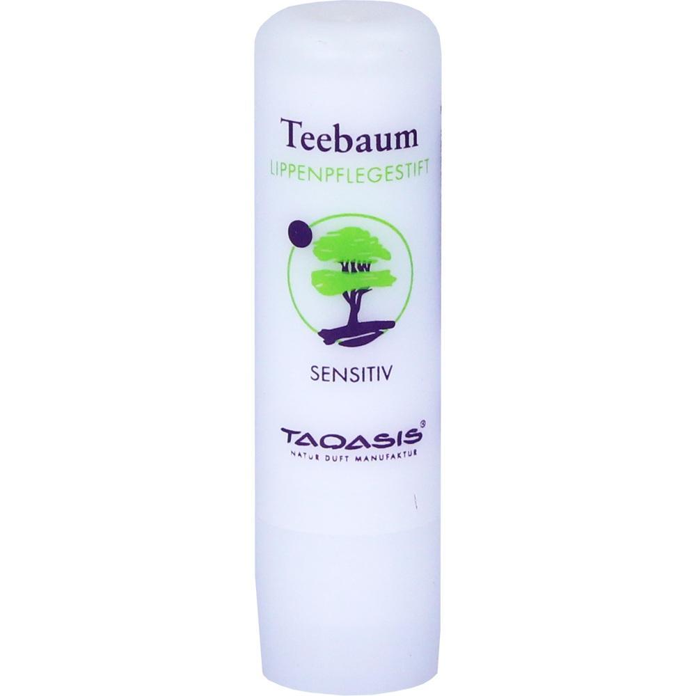 Weiße Lippenpflege mit Teebaumöl und grünem Baum-Logo auf der Verpackung.