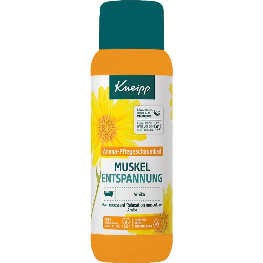 Orange Flasche eines Kneipp Schaumbads zur Muskelentspannung mit Arnika.