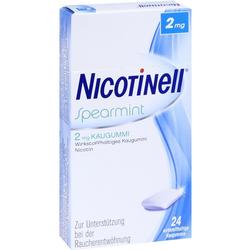Packung eines Nikotin-Kaugummis zur Raucherentwöhnung, Marke Nicotinell, Geschmack Spearmint.