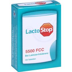 Verpackung mit LactoStop Tabletten für Menschen mit Laktose-Intoleranz.