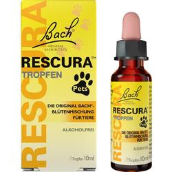 Gelbes Paket und Flasche mit Bach-Blüten-Tropfen für Haustiere, alkoholfrei.